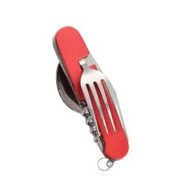 Stainless Steel 6-in-1 Multi-Tool Cutlery Set, Folding Pocket Knife with Fork, Spoon, Can Opener, Corkscrew, and Bottle Opener (Color: Red)